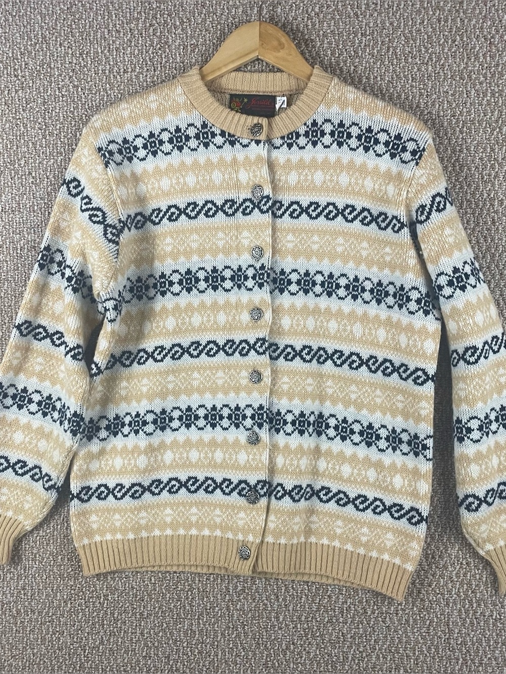 Vintage Cardigan Sweater Womens Large Nordic Fair Isle USA Orlon Wool Blend F254